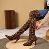 European and American High Heeled Leopard Print Pointed Fashion Boots, Women's Oversized Slim Heel Over Knee Elastic Boots
