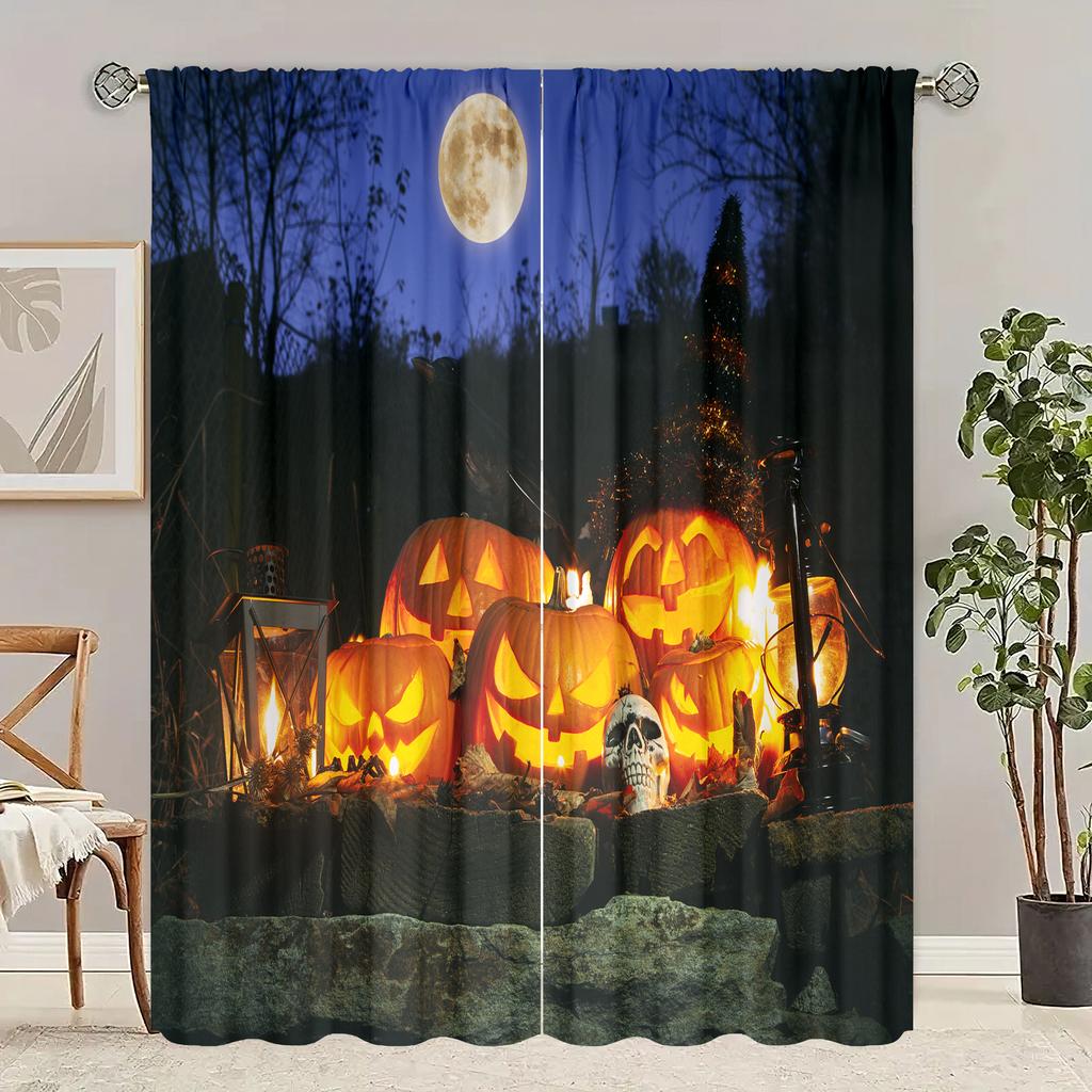 2 шт. занавески с принтом тыквенного фонаря в виде демона на Хэллоуин - материал полиэстер - подходит для спальни, гостиной, кабинета