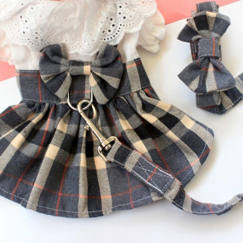 Lattice Dog Dress and Leash Set Cute Bowknot Teddy Bichon Dog Harness Vest Spring Summer Cat Dress Chihuahua Pet Clothing
