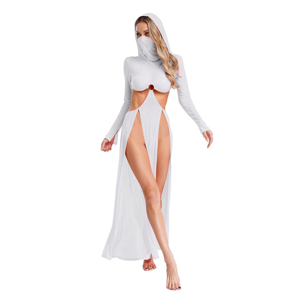 Fashion Women Sheer Dress Maxi Hollow Out Mesh Coverup with Long Sleeves Hooded Mask and High Slit, Sexy Party Club Wear