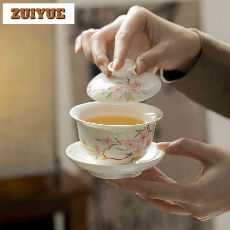 150ml Hand-painted Peach Blossom Gaiwan Handmade Tea Tureen Tea Bowl With Lid Kit Tea Brewing Cover Bowl Tea Ceremony Collection