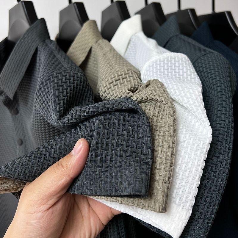 Мужская рубашка из шёлка с баской и лацканами, однотонная, простая, сетчатая, большого размера, весна-лето