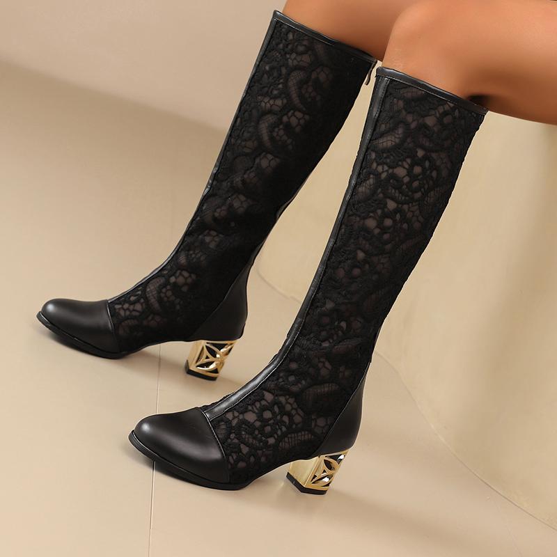 Q/Women's High-heeled Boots, Sexy European and American Style, Thick Heels, Lace Patchwork, Oversized Hollow Out Cool Boots