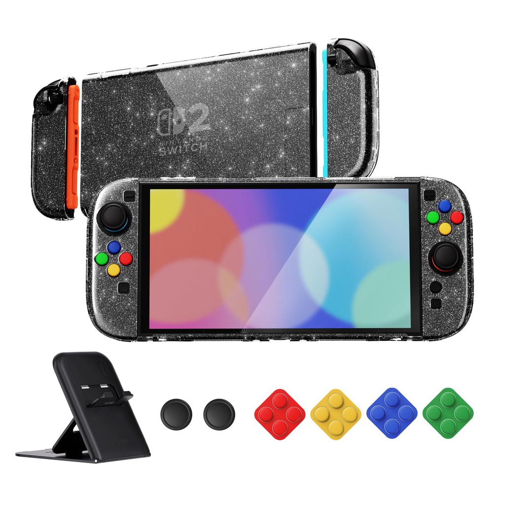 PlayVital Clear Series Clear Hard Shell Case for Switch 2 Dock Protective Cover with Folding Stand and Thumb Grips Glitter (2025), Compatible,