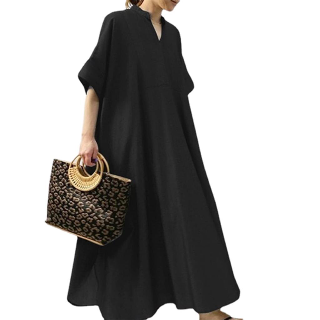 KumiModa Платье с коротким рукавом, свободного кроя, длинное, большого размера, однотонное, идеально для и идеально для выхода в свет или поездок на работу, женское, с V-образным вырезом, размеры, подчеркивающее фигуру, стройнящее,