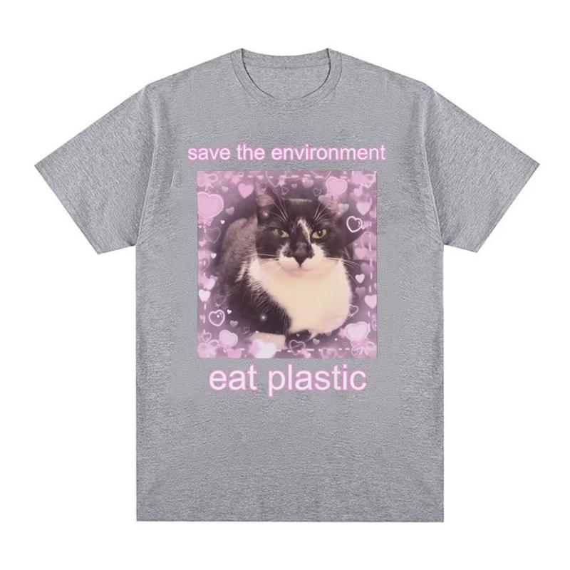 Save The EnvironUnisext Eat Plastic Cute Cat Graphic T Shirt Funny Unisex Women ONeck Clothing TshirtsCotton Oversized Tshirt