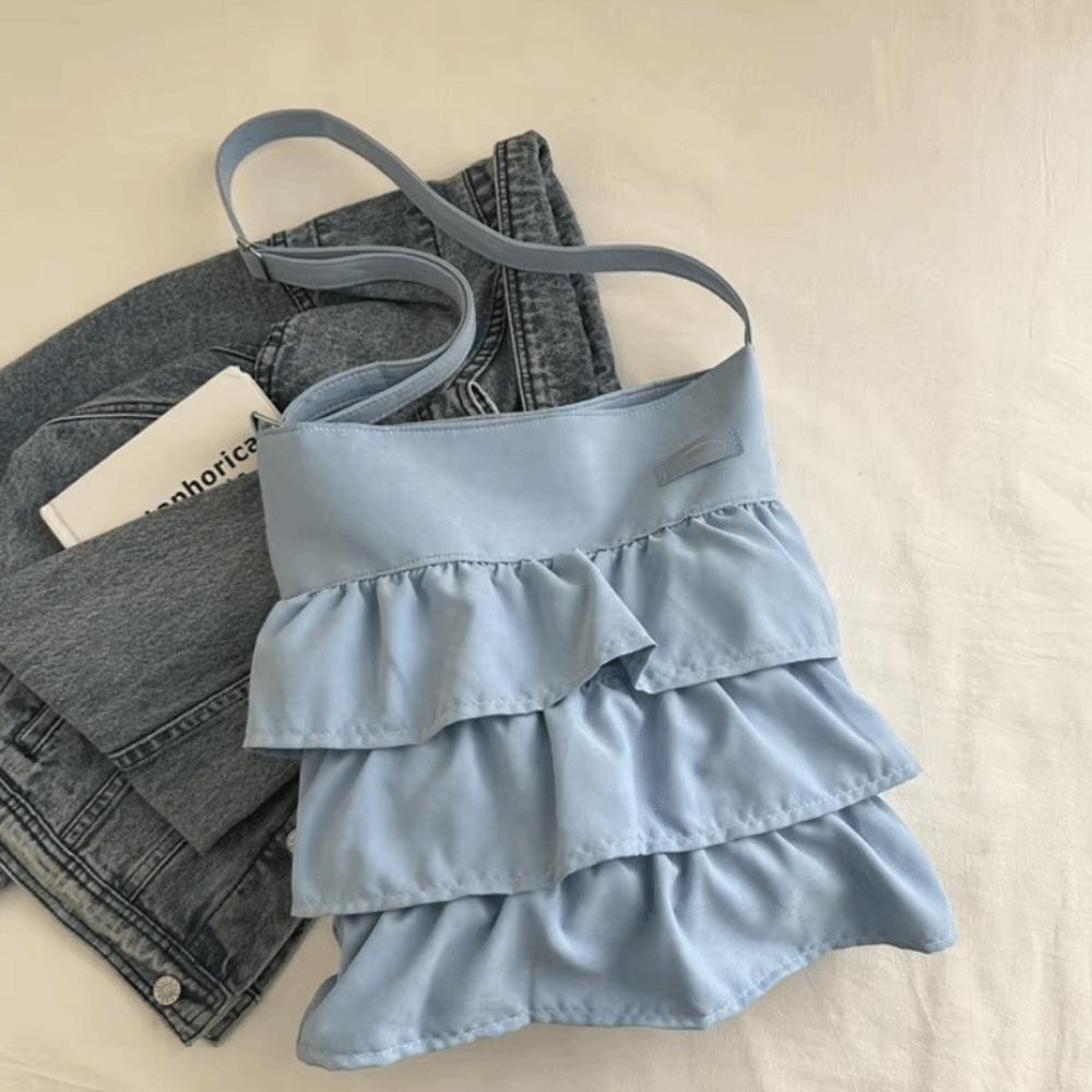 Soft Fabric Material Tiered Ruffle Tote Bag Lightweight Spacious Interior Shoulder Purse Cute Lotus Leaf Edge Frilly Daily Tote