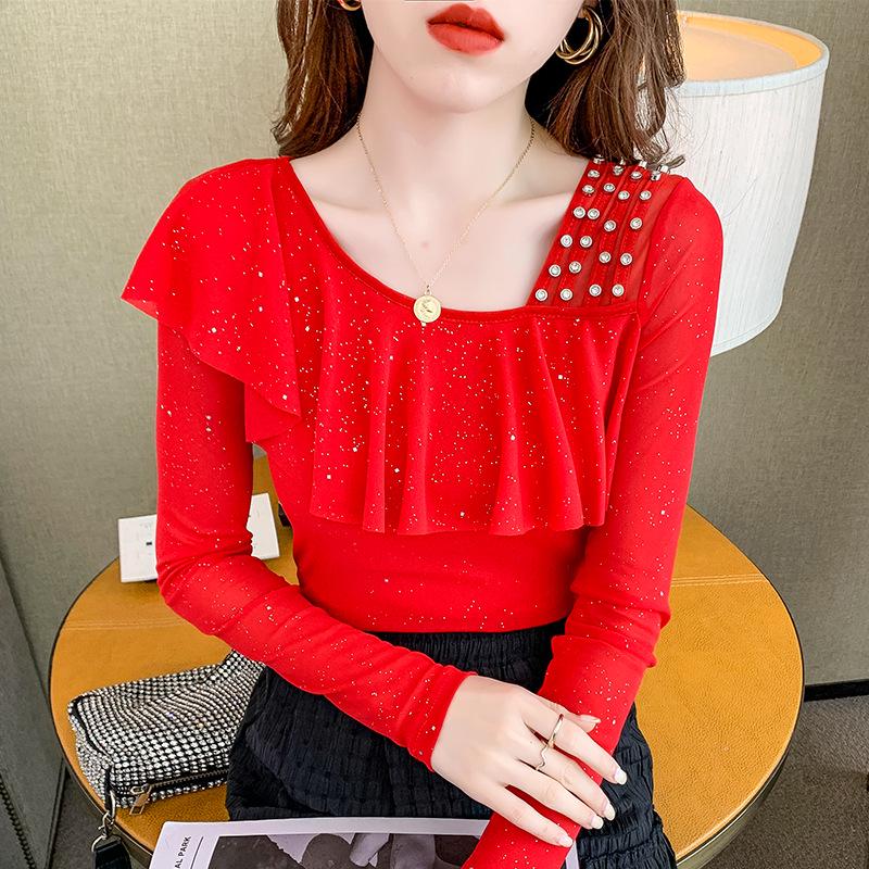 Autumn Mesh Long-Sleeve Top with Ruffles and Beaded Irregular Collar & Straps