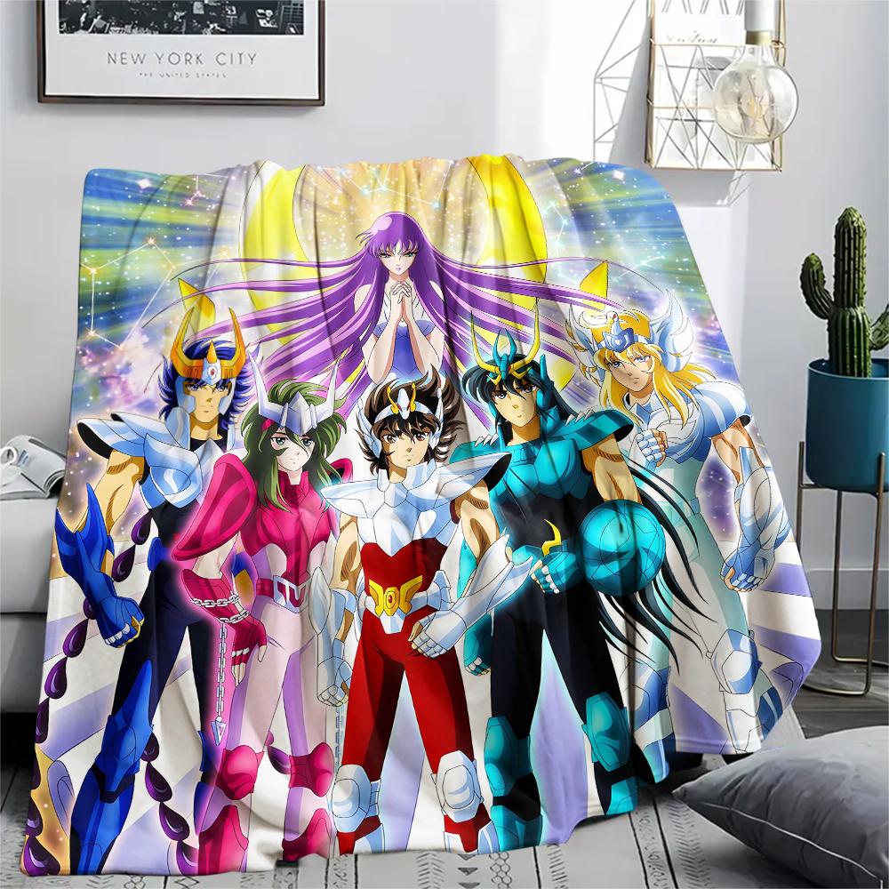 1Pc Saint Seiya Print Flannel Blanket, High quality Comfortable for All Seasons, Home Decor, Warmth and Comfort, Perfect for Christmas Gifts