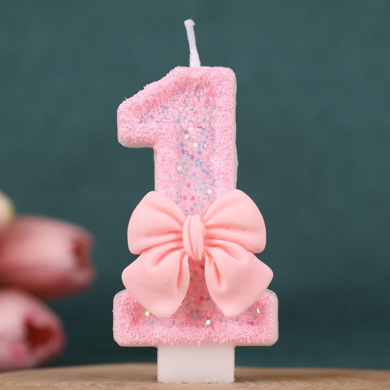 Pink Bow Number Birthday Candle Cake Decoration 1st Year Handmade Birthday Candle 0-9