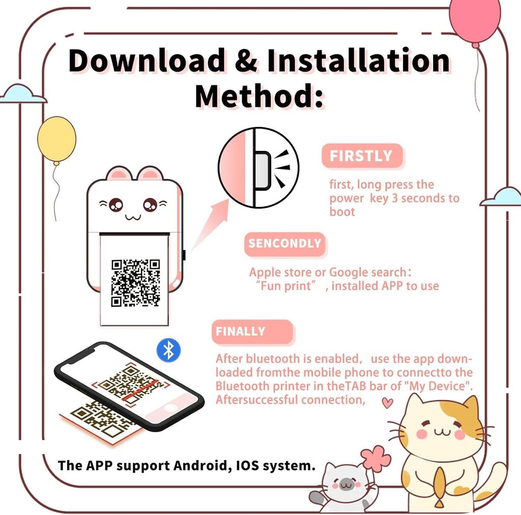Мини-принтер, портативный бесчернильный термопринтер BT, разрешение 200 точек на дюйм, встроенная 1 рулон антипригарной термобумаги, лучший подарок для девочек или детей