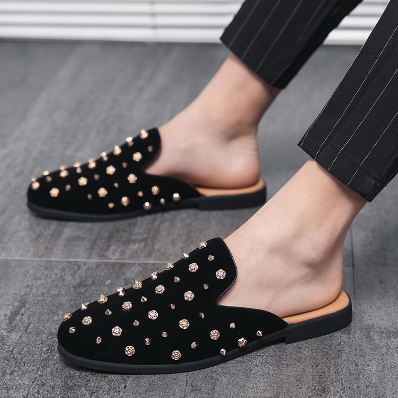 Модные мужские полушлепанцы Рок Панк Обувь с заклепками Мужские слипоны Повседневные мюли Мокасины Дышащие пенни-лоферы Zapatos Hombre
