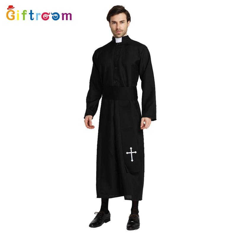 Halloween Costumes Drama Stage Costumes Men Noble Black Robe Priests Western Party Cosplay Costumes