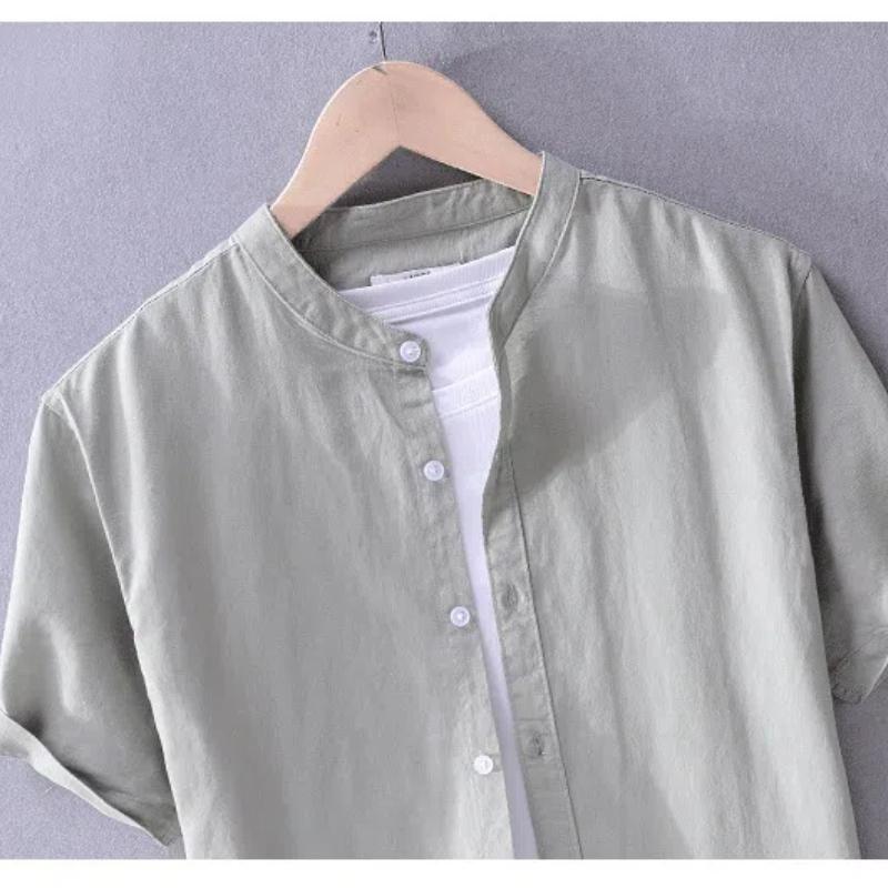 Базовая летняя рубашка для мужчин с воротником-стойкой, однотонная рубашка из хлопка и льна с коротким рукавом, размер 4XL, повседневные топы, пляжные дышащие мужские рубашки