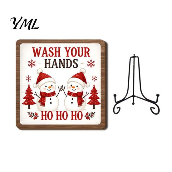Christmas Pet Ornament Wooden Tabletop Decor, 2D Santa with Iron Stand, Rustic Wrought Display Stand Holiday Sign for Home And Cafe Festive