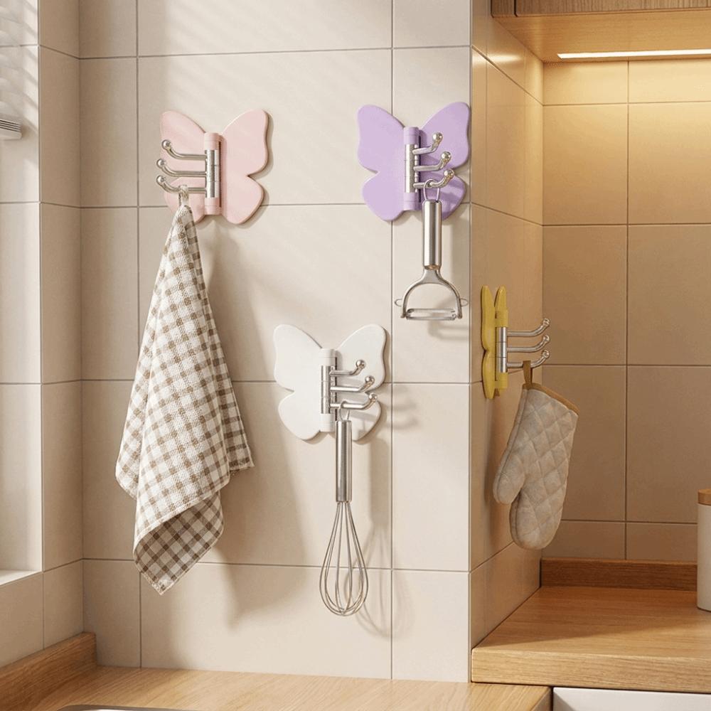 4PCS Self Adhesive Rotating Butterfly Wall Hooks Wall Mounted Corner Hooks Bedroom