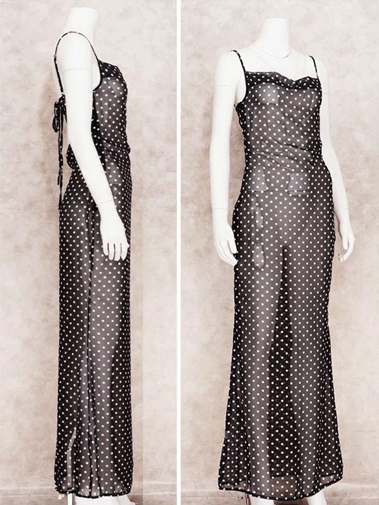 EDOLYNSA 2024 Черное модное сексуальное прозрачное платье в горошек на тонких бретельках, пляжное платье макси, женское летнее вечернее платье-комбинация, купальник, прикрытие