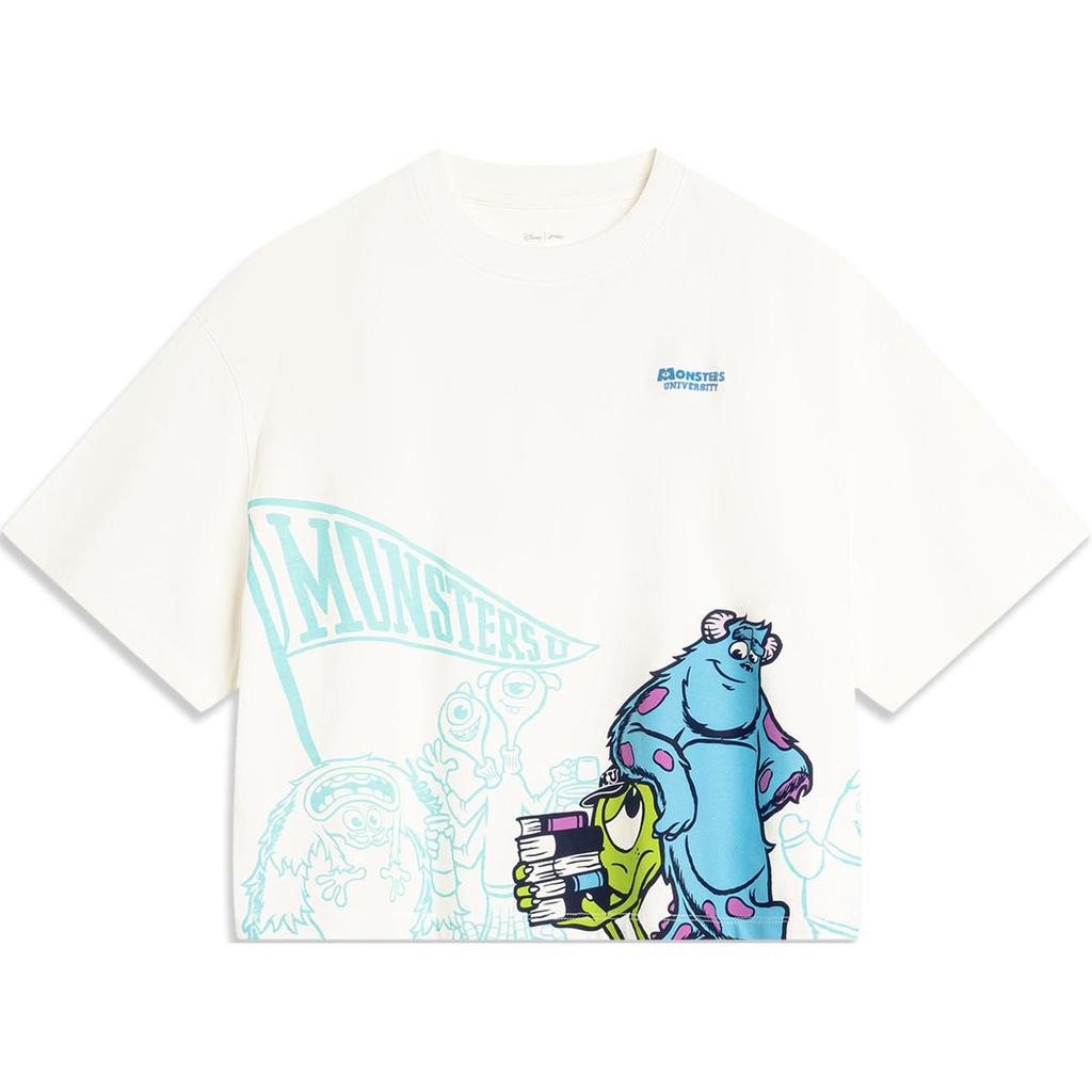 Li Ning X Disney Monsters University Disney Collaboration Series Letter Print Casual Breathable Short Sleeve T-Shirt Women T-Shirt Off-White AHSU490-1