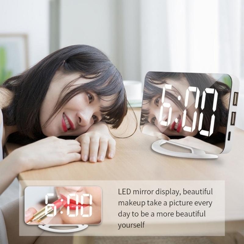 Цифровой будильник с большим светодиодным зеркальным дисплеем, электронные часы с функцией повтора сигнала, двойными USB-портами, 3 уровнями регулировки яркости, для дома