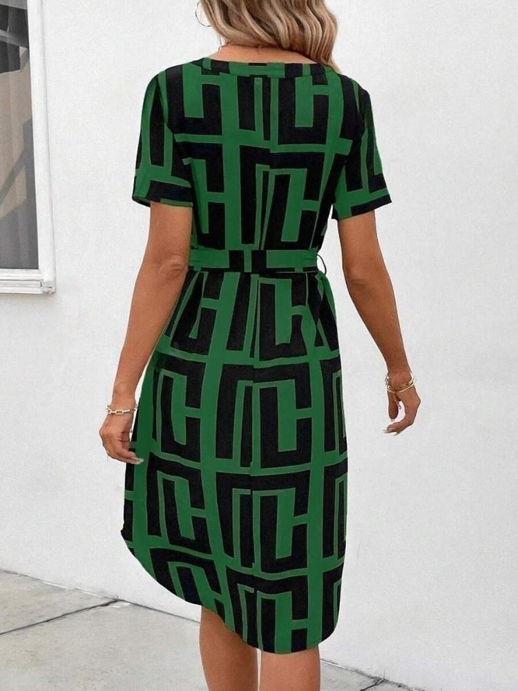 Summer Women's Short Sleeved Dress V-neck Fashionable Elegant Dress Casual Lace Up Beach Dress