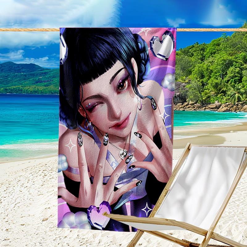 1pc KPop Demon Hunters ZOEY2 Beach Towel, Beach and Seaside Swimming Pool Equipment, Fashion Pattern, Rectangular, Travel Essentials