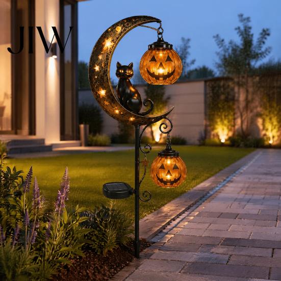 Spooky Garden Stake Lights for Parties Halloween Solar Light, Black Cat Pumpkin on Crescent Moon with Illuminated Path Markers Hanging Lantern,