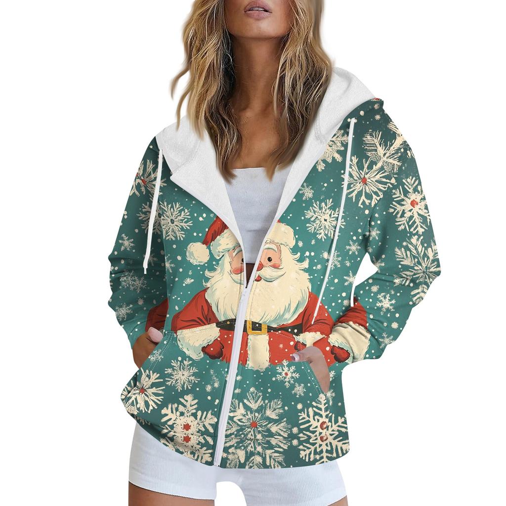 Women's Christmas Printed Sweatshirt Autumn Winter Long Sleeve Cardigan Jacket With Pockets Zipper Hoodie Outerwear