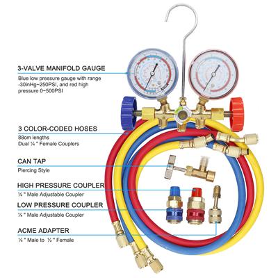 R134a 3-ходовой диагностический коллекторный манометрический набор для заправки фреоном, подходит для холодильного коллекторного манометра воздух R12 R22 R-404A R-134a