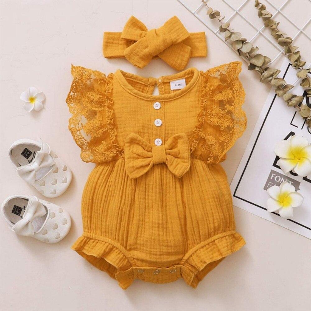 2pcs/set Newborn Baby Girls Cute Bow Romper Summer Outfits Lace Ruffled Sleeve Jumpsuit Bodysuit+Headband Infant Clothes 0-18M