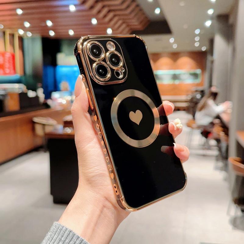 Применимо к iPhone17Pro гальванический боковой чехол для телефона с рисунком сердца Apple 16 полноразмерный магнитный защитный чехол с CD-узором 15