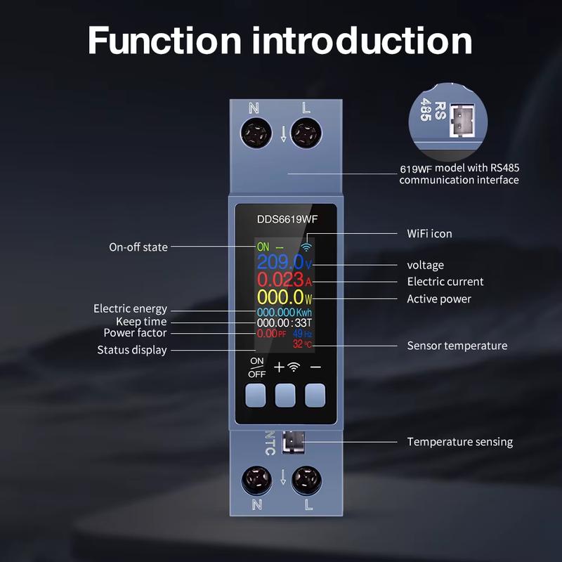 WiFi Tuya DIN Rail AC Voltmeter Smart Energy Meter Voltage/Current/Power/kWh/PF/Hz/Multi-Function 0.96 Inch 8 In 1 Power Meter