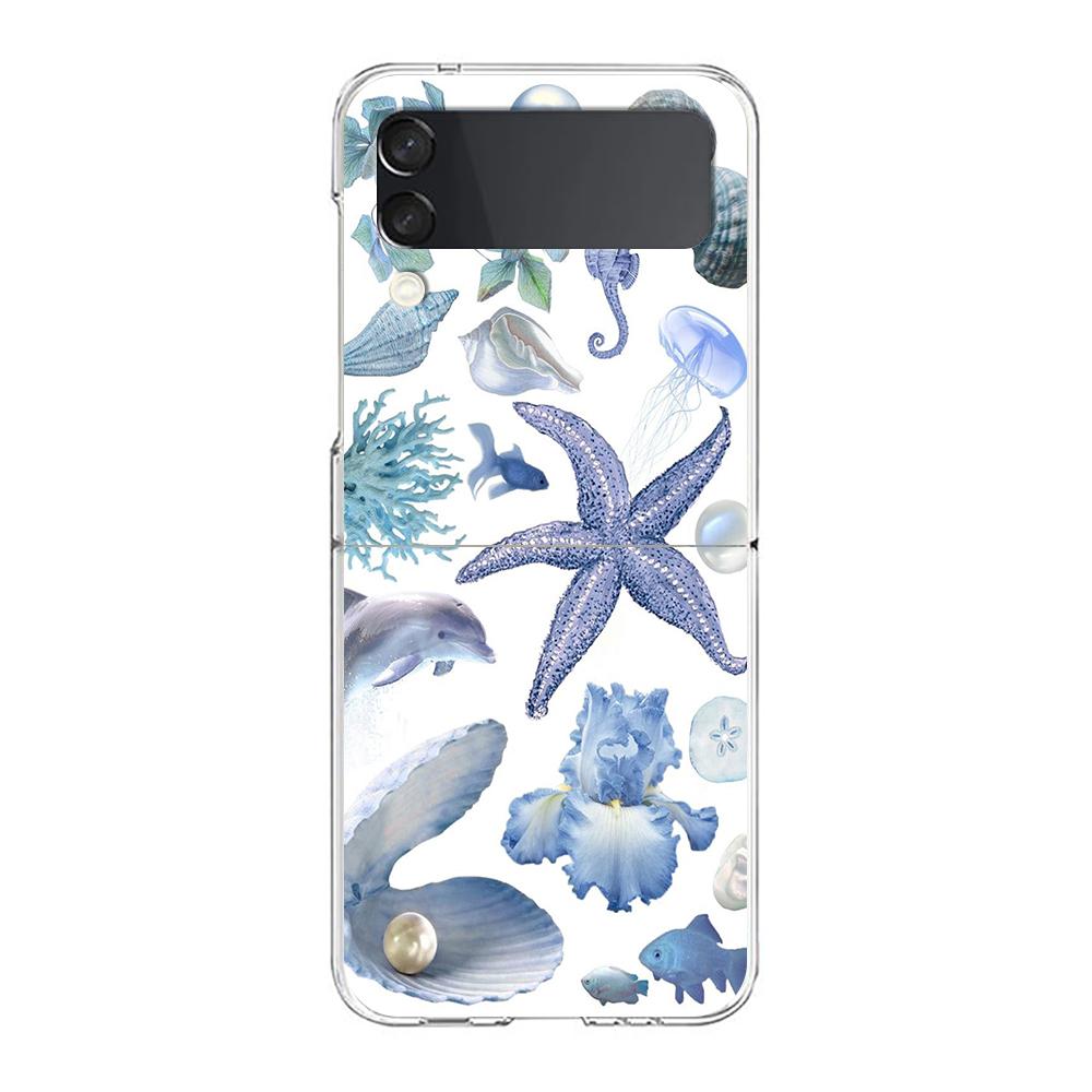 Phone Case For Samsung Galaxy Z Flip 3 4 5 Hard Folding Clear PC Bumper For Samsung Z Flip 6 Back Cover Blue Ocean Animals