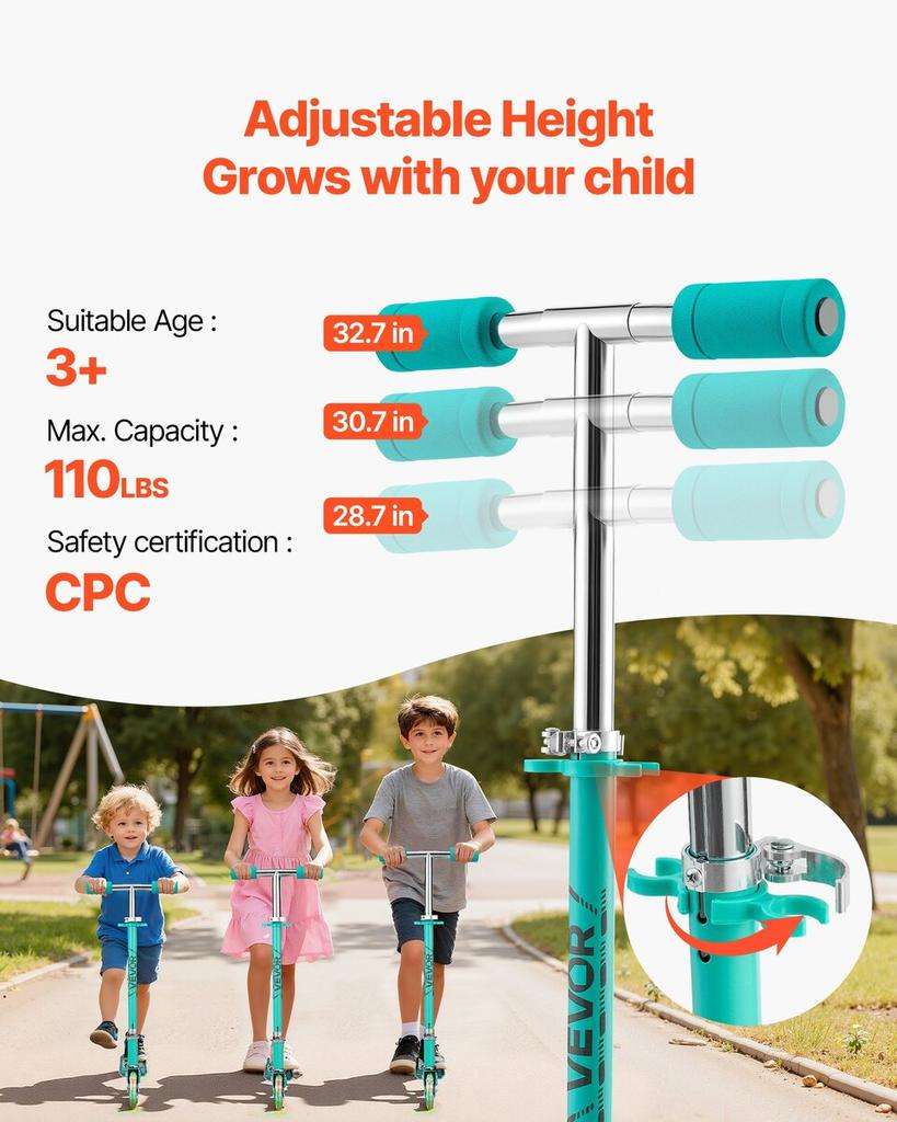 Kick Scooter for Kids Ages 3+, 2-Wheel Toddler Scooter with Light-Up Wheels, Adjustable Height Handlebar, Wide Anti-Slip Deck, Foldable Lightweight