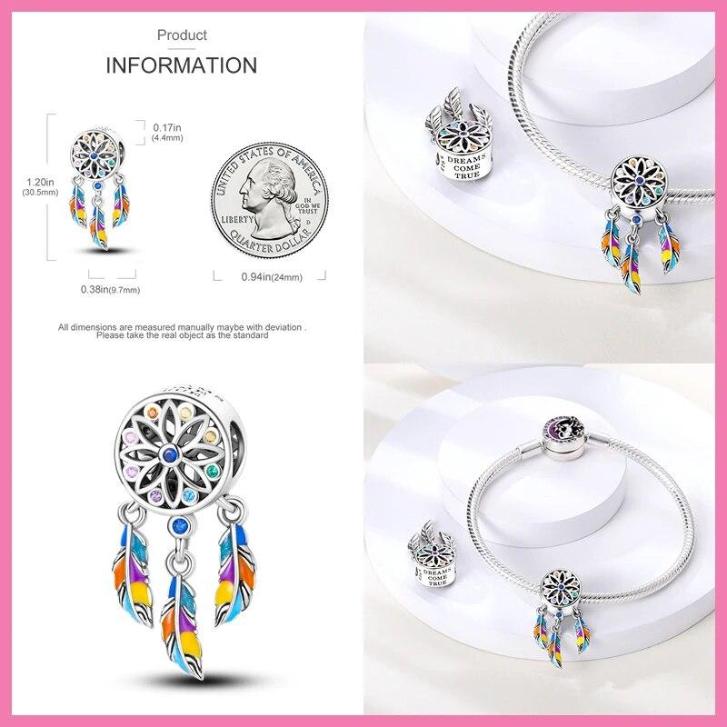 100% стерлингового серебра 925 пробы, летний тюльпан, подсолнух, розовая бабочка, ловец снов, подвески FitNew, браслет, ожерелье, ювелирные изделия для женщин