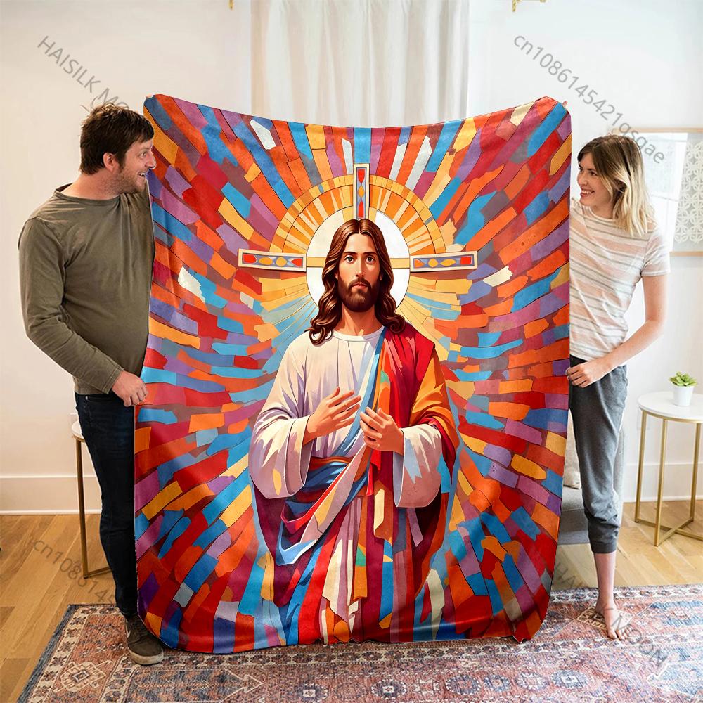 1PC Jesus figure colorful background Print Believer Pray blanket Warm soft flannel material suitable for all seasons luxury gift