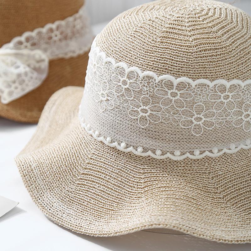 Summer lace straw hat bow wide brim French retro casual fashion versatile fisherman hat