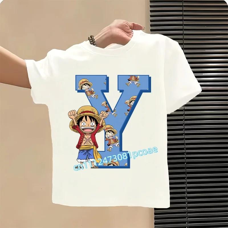 One Piece letter AZ childrens pure cotton shortsleeved boys sports shirtgirls casual top with cartoon printsummer Tshirt
