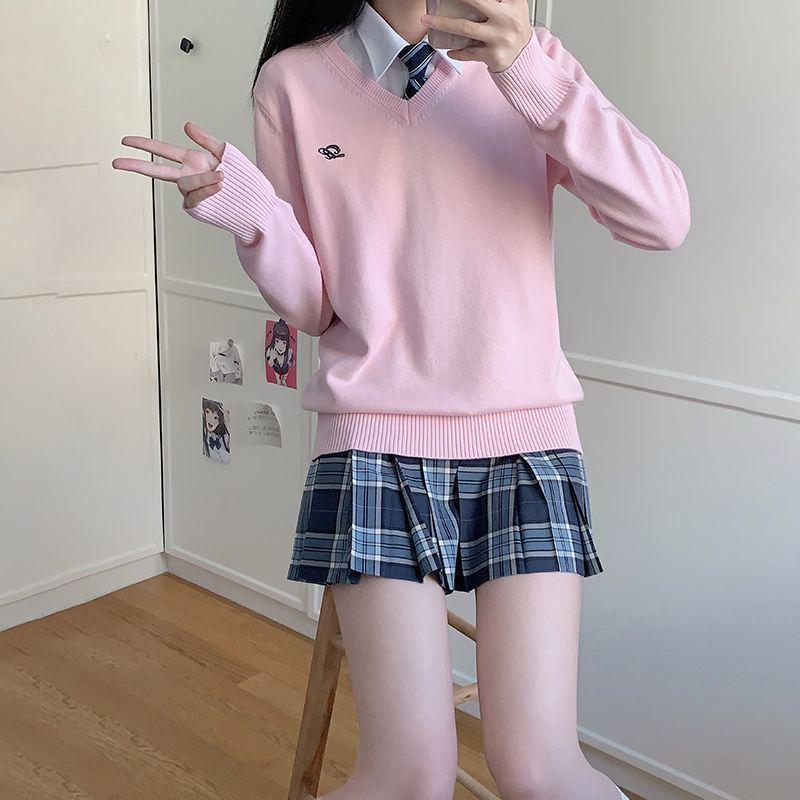 Черный свитер с длинными рукавами и V-образным вырезом с вышивкой от Jizhong College - свитер для школьной формы на осень/зиму