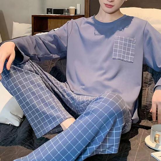 2 шт./компл., мужской пижамный комплект, весенне-осенний комплект с круглым вырезом и длинным рукавом, клетчатый топ с буквенным принтом, длинные брюки с эластичной резинкой на талии, комплект мужской пижамы, домашняя одежда