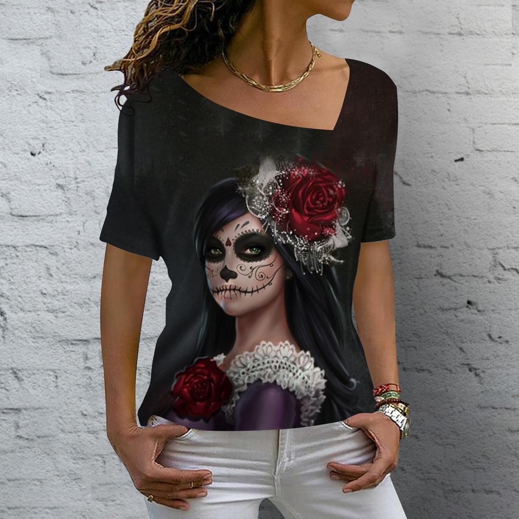 Лето 2023, винтажная женская футболка с изображением черепа, топы с v-образным вырезом, повседневный хлопковый пуловер с короткими рукавами, женская уличная одежда в стиле Харадзюку в стиле панк