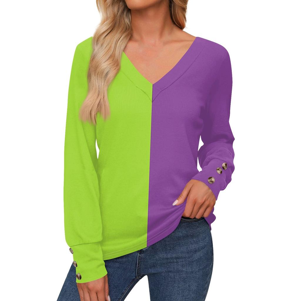 Женская повседневная модная рубашка с длинными рукавами и манжетами на пуговицах, свободная футболка с V-образным вырезом, осенняя одежда