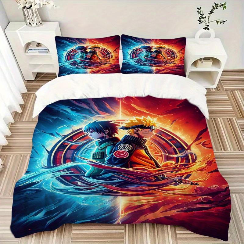 3pcs Naruto vs Sasuke Anime Design Printed Quilt Set - Includes 1 Quilt Cover and 2 Pillowcases, Machine Washable - Suitable for All Seasons.F046