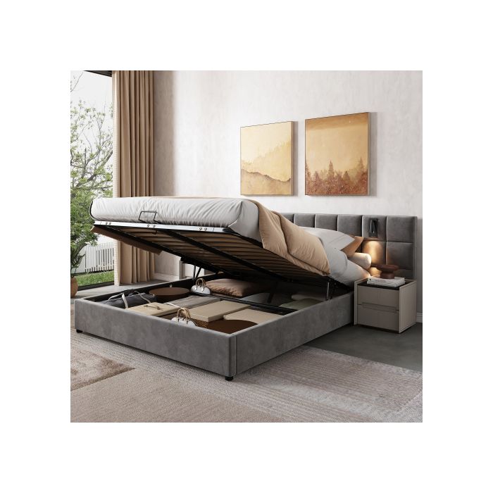 Lit rembourré - MUVOE - 140x200 cm - Gris - Rangement hydraulique - Liseuse USB