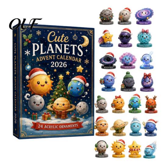 Unique Christmas Party Decor Space Advent Calendar, 24Pcs 2D Flat Acrylic Ornament Set with Planet Astronomy Gift for Kids Star Designs, Tree Hanging