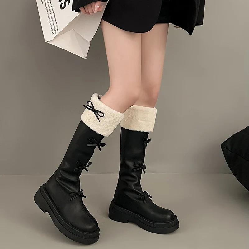 Fashion Sweet Butterfly Knot Woman's Boots 2025 New Korean Style Fashion Brown High Boots Plush Thickened Winter Ladies Knee-High Boots