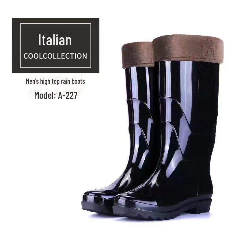 Men's Waterproof Non-Slip Rain Boots - High-Top Rubber Shoes with Velvet Lining, Acid and Alkali Resistant.