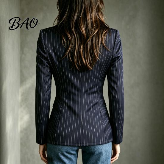 Women Slim Fit Blazer Stand Collar Striped Blazer, Single-Breasted Casual Jacket Blouse Top, Office Business Outerwear Slimming Waist Coat