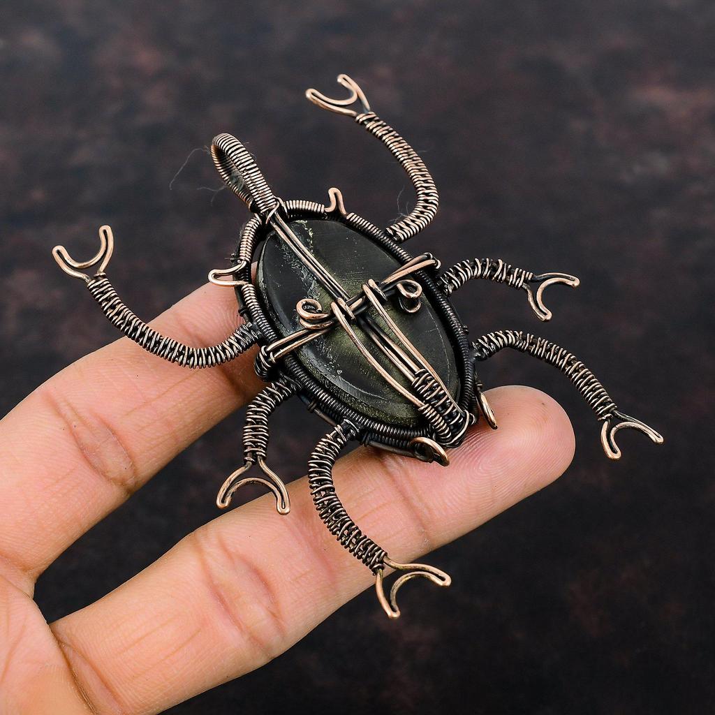 Золотой кулон с драгоценными камнями Друзы, кулон в медной проволоке, уникальный медный дизайн, ювелирные изделия, подвеска в виде жука ручной работы, ювелирные изделия в проволочной обертке для подарка