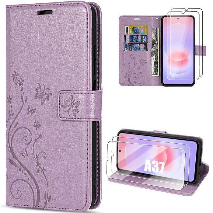 Coque + 2 Verres Trempés pour Samsung Galaxy A37 5G, Antichoc Synthécuir Motif Papillon Violet