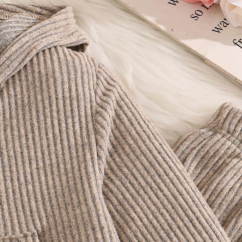 Наряд для девочек Осень Зима Новый Вязаный В рубчик С длинным рукавом Капюшон На молнии Топ Модные расклешенные брюки